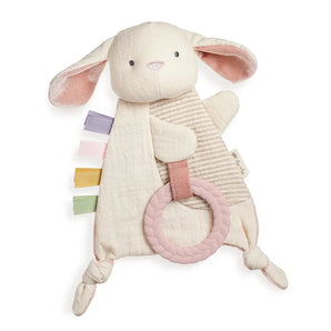 Itzy Ritzy Sensory Toy w/ Teether, Bunny: plush with pastel tags, knots, & pink teething ring—ideal for soothing babies.