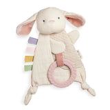 Itzy Ritzy Sensory Toy w/ Teether, Bunny: plush with pastel tags, knots, & pink teething ring—ideal for soothing babies.