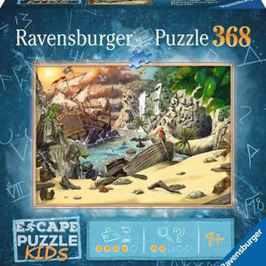 Escape Puzzle, Pirate's Peril: blue box with pirate ship illustration; text "Ravensburger Puzzle 368 Escape Puzzle Kids."