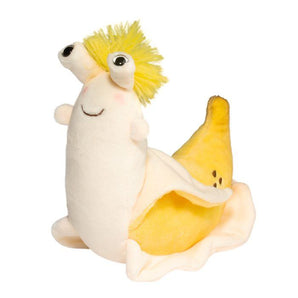 Vinnie Banana Slug Macaroon: yellow banana slug stuffed animal with banana peel body and fluffy yellow tuft on head.