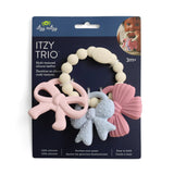 Itzy Ritzy Itzy Trio™ teether: pink & blue bow silicone charms on cream beaded ring, safe for babies 3 months and up.