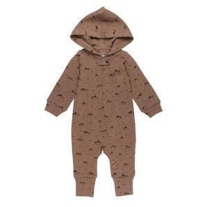 Organic Zipper Romper, Latte Mountain: brown romper with mountain pattern, hood, and front zipper.