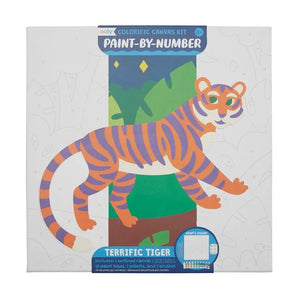 OOLYs Paint by Number, Terrific Tiger kit features a vibrant tiger with trees, inspiring creativity for any art-loving kid.