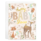 Gina B Designs Baby Card, Forest Animals features a fox, deer, rabbit, and squirrels with gold foil and showering you and baby text.