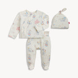 Magnetic Me, Kimono Dumbo Circus: cream long sleeve shirt with circus elephant pattern & magnetic closure, pants & hat; made of TENCEL modal.