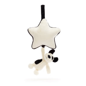 Jellycat Musical Pull Black & Cream Puppy with star, black hanging strap—a sweet lullaby accessory for little ones.
