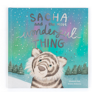 Jellycat, Sacha and the Most Wonder Thing Book: A striped animal on cover beneath a bright, starry sky. Brand: Jellycat.