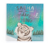 Jellycat, Sacha and the Most Wonder Thing Book: A striped animal on cover beneath a bright, starry sky. Brand: Jellycat.