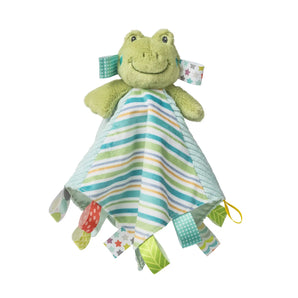 Mary Meyer Taggies Character Blanket, Peepers Frog, has a plush frog, striped fabric, and colorful tags for sensory play.