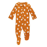Organic Zipper Footie, Ghosts: orange footie pajamas with a white ghost pattern and front zipper.