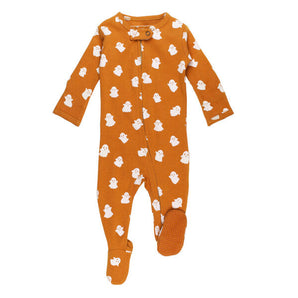 Organic Zipper Footie, Ghosts: orange footie pajamas with a white ghost pattern and front zipper.