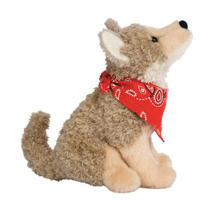 Trickster Coyote: brown & tan coyote stuffed animal with red bandana.