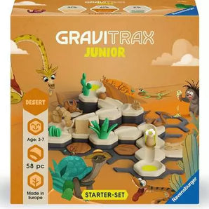 GraviTrax Junior, Desert Starter: brown box with photo of desert themed tile toys; text "Gravitrax Junior Starter-Set."