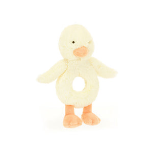 Jellycat Bashful Duckling Ring Rattle—plush yellow, orange beak/feet, cute and perfect baby gift.