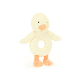 Jellycat Bashful Duckling Ring Rattle—plush yellow, orange beak/feet, cute and perfect baby gift.