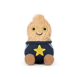 Meet Jellycat's Amuseables Peanut Star Student: tan fur, glasses, a smile, navy outfit—the class clown in plush form!.
