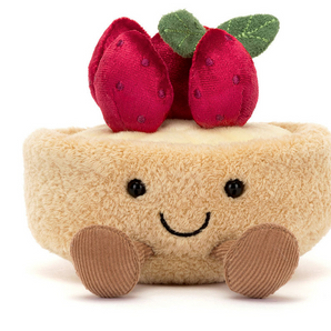 Jellycat Amuseables Fleurette Tarte Aux: a cute plush pie with strawberries, green leaves, and corduroy feet in Jellycat style!.