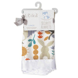 Pack of 2 Lulujo Inc. muslin security blankets, Owl Bunny. Playful nature patterns. Comes on a white hanger with a gray bow.