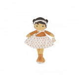 Janod Juratoys Tendresse Eloise doll with dark hair, a headband, long-sleeved orange shirt, and a white skirt with a small fruit pattern.