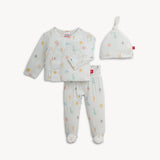 The Magnetic Me Kimono Lullaby Blue set features breathable modal, a wrap-style top, footed pants, and a matching knot hat.