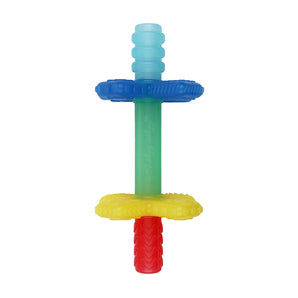 Itzy Ritzy Teensy Tubes - Rainbow: BPA-free dog chew toy with blue, yellow, red textured rings on green stick, shown upright.