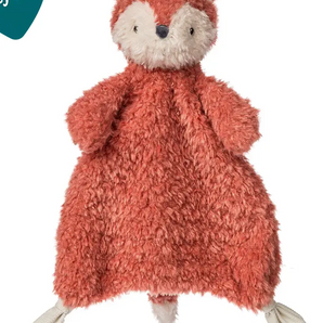 Mary Meyer Again Friends Fox Lovey: a plush fox comforter with textured orange body and cream accents, made from recycled plastics.