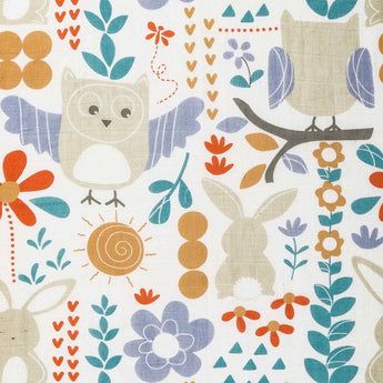 Lulujo Inc.s Security Blanket: Owl Bunny features a 100% cotton fabric with owls, rabbits, & flowers in blue, orange, and beige.