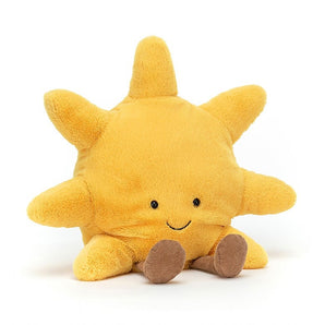 Jellycat Amuseable Sun Medium: a plush sun with a smile, black eyes, and brown feet on a white background.