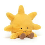 Jellycat Amuseable Sun Medium: a plush sun with a smile, black eyes, and brown feet on a white background.