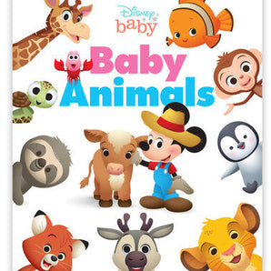 Disney Baby: Baby Animals, an illustrated board book by Random House, features charming Disney characters like one in blue overalls and a hat.
