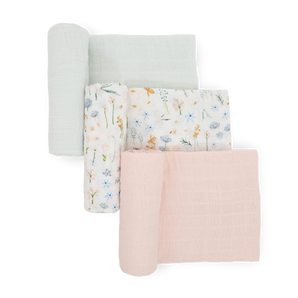 Little Unicorn Cotton Muslin Swaddle 3 Pack - Pastel Petals: pale green, pink & white with hand-painted floral prints.