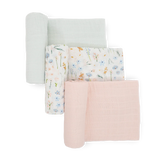 Little Unicorn Cotton Muslin Swaddle 3 Pack - Pastel Petals: pale green, pink & white with hand-painted floral prints.