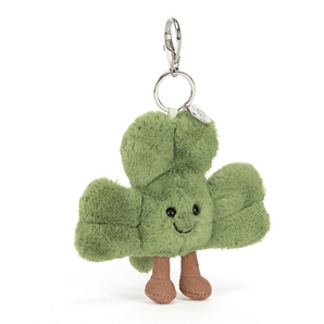 Jellycat Bag Charm Siofra Shamrock: plush green shamrock keychain with a smile and keyring—adorable accessory from Jellycat!.