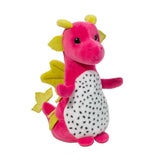 Dragon Fruit Macaroon: bright pink dragon stuffed animal with green wings, horns, ears, & tail, and white belly with black dots.
