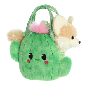 Aurora Smiling Cactus Purse: plush green bag with a cute cartoon cactus and a stuffed fox, perfect for kids.