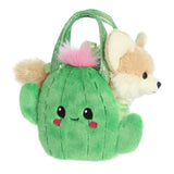 Aurora Smiling Cactus Purse: plush green bag with a cute cartoon cactus and a stuffed fox, perfect for kids.