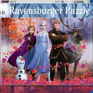 100 Piece Puzzle, Frozen Magic of the Forest: pink & blue box with cartoon characters; text "Disney Frozen II Ravensburger Puzzle 6+ XXL 100."
