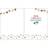 Gina B Designs Racetime birthday card with checkered flags, colorful pennants, and confetti, reading Racing to wish you a happy birthday!.