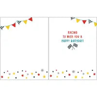 Gina B Designs Racetime birthday card with checkered flags, colorful pennants, and confetti, reading Racing to wish you a happy birthday!.