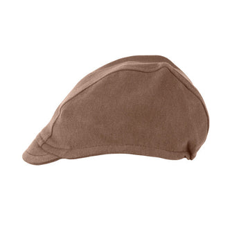 Lovedbaby Organic Riding Cap in Latte, made with eco-friendly dyes, displayed on a white background.