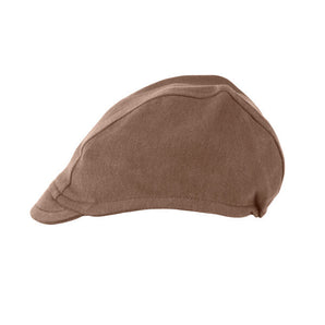 The Organic Riding Cap, Latte by Lovedbaby is shown from the side on a white background, crafted from organic cotton.