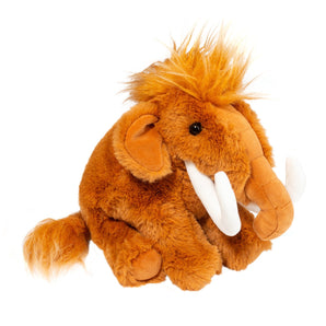Callie Woolly Mammoth: fluffy brown woolly mammoth stuffed animal with white tusks and brown tufts on top of head and tail.