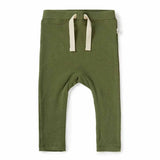 Snuggle Hunnys Organic Pants in Olive feature a ribbed texture with a beige drawstring, made from certified organic cotton.