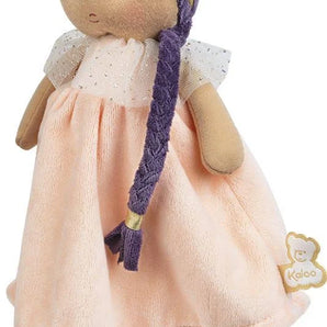 Tendresse, Iris K Doll Large, a plush princess doll with dark purple hair in a side braid, wearing a peach-colored dress.