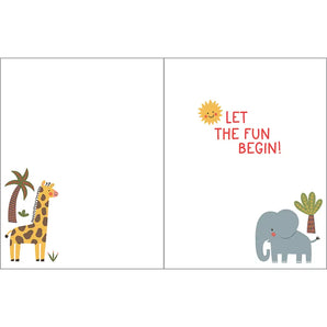 Inside of Birthday Card, Cute Jungle: card with jungle animals, palm trees, and sun illustrations with text "Let the fun begin!"