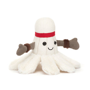 Jellycat Amuseables Sports Badminton: a plush shuttlecock toy with a red headband and smile—ideal for badminton lovers!.
