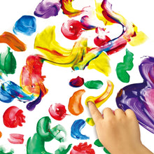 Load image into Gallery viewer, A childs hand crafts vibrant abstract art with paint strokes on a Bright Stripes Jumbo Finger Paint Pad.
