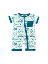 Emerson and Friends Shark Friends romper features whimsical sharks and seaweed, with teal trim, snap closure, and a cozy front pocket.