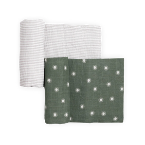 Little Unicorn Organic Cotton Muslin Swaddle 2 Pack—sage sun + gray stripe—shown folded on a white background.