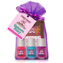 Load image into Gallery viewer, Purple gift bag includes the Piggy Paint Unicorn Fairy set: 3 colorful, non-toxic nail polishes &amp; a cruelty-free nail art set.
